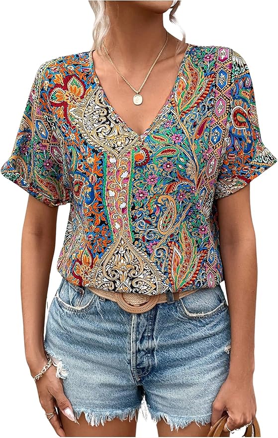 V-Neck Patterned Top for Women