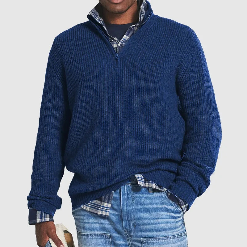 Men’s Half-Zip Knit Sweater - Ribbed Texture - High Collar - Relaxed Fit