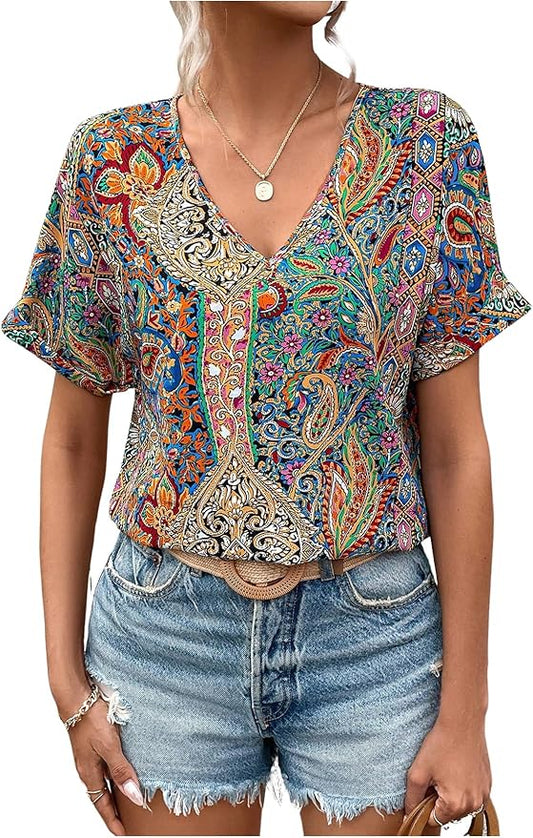 V-Neck Patterned Top for Women