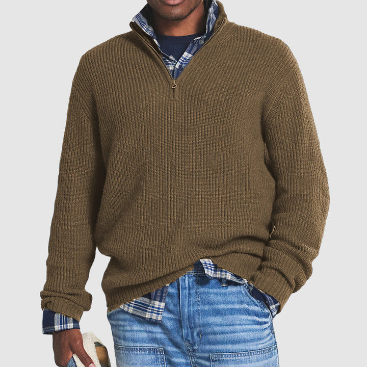 Men’s Half-Zip Knit Sweater - Ribbed Texture - High Collar - Relaxed Fit