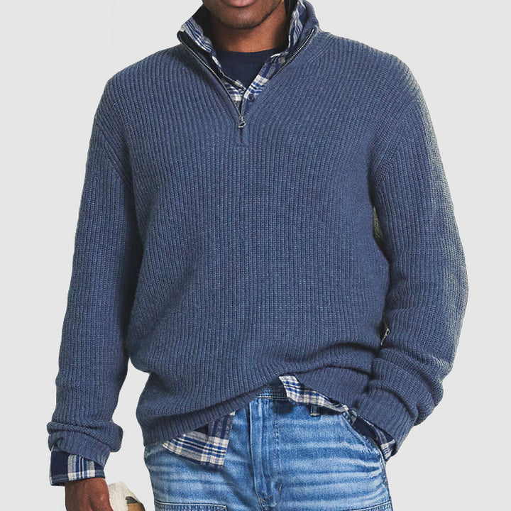 Men’s Half-Zip Knit Sweater - Ribbed Texture - High Collar - Relaxed Fit
