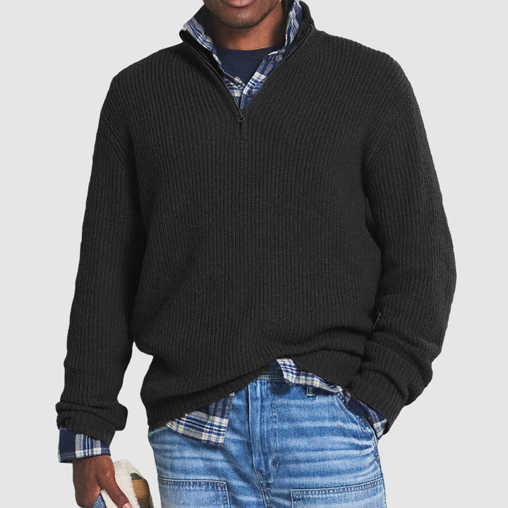 Men’s Half-Zip Knit Sweater - Ribbed Texture - High Collar - Relaxed Fit